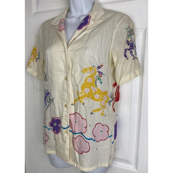 VTG Diane Von Furstenberg Colorful Horses Floral Button Down Shirt 80s - Picture 2 of 11